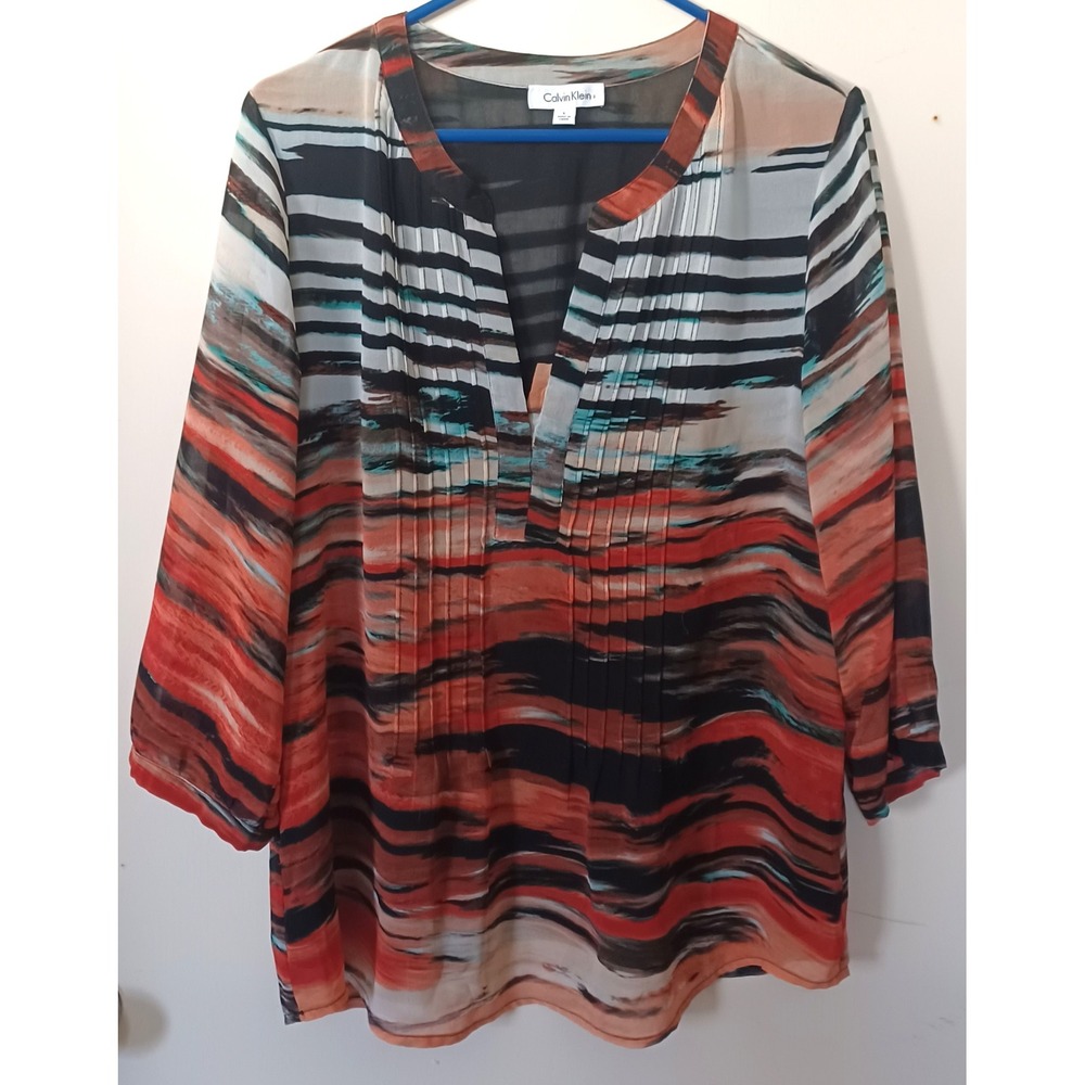 Calvin Klein Womens Abstract Brushstroke Pleated V-Neck Blouse Orange Black‎ L